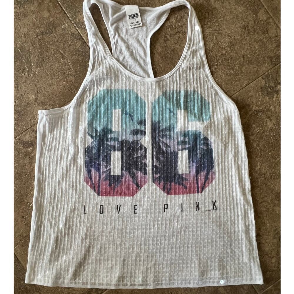 SOLD-Victoria's Secret Pink Racer back sequin tank top, white, women's size L